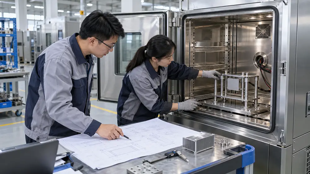 Dexiang engineers reviewing a custom fixture for an aging test chamber
