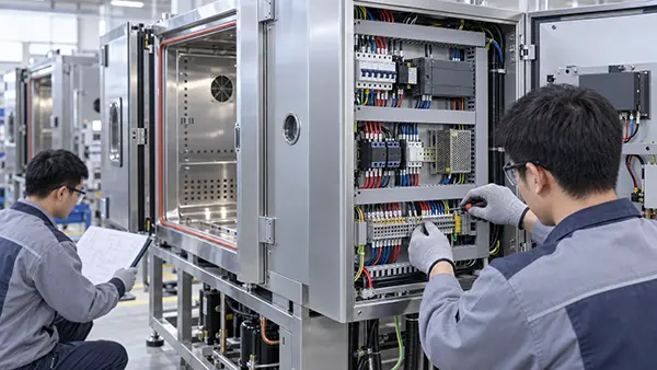 Technicians assembling and wiring a Dexiang aging test chamber control cabinet