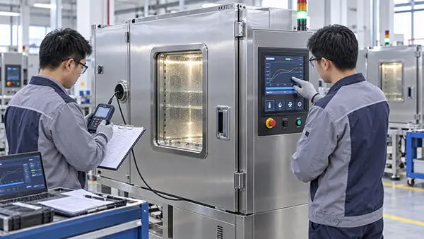 Dexiang engineers performing functional verification and factory acceptance testing on an aging test chamber